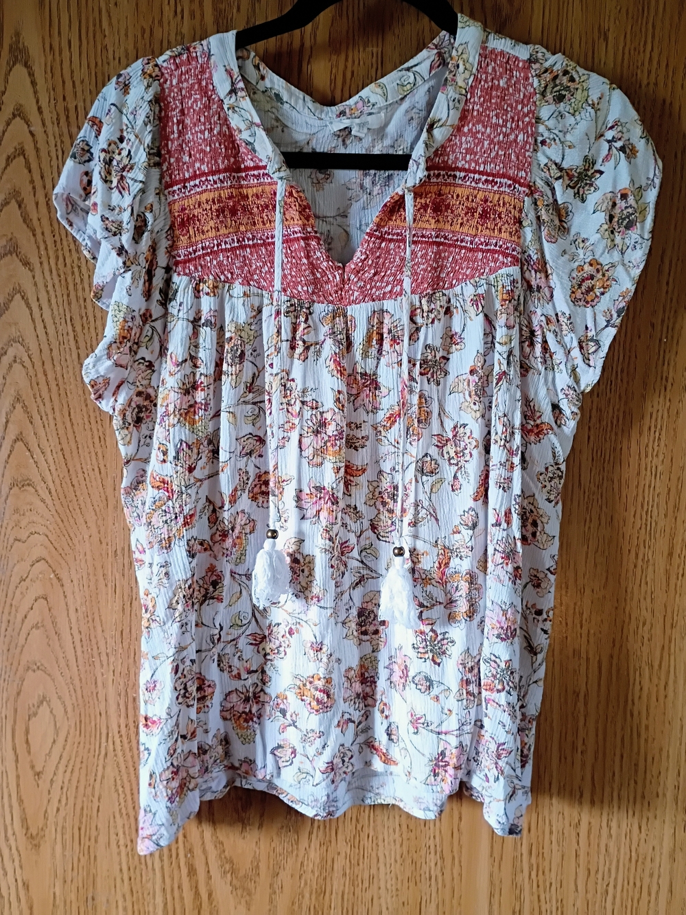 Maurices White Floral Peasant Top with Pink Embroidered Yoke
